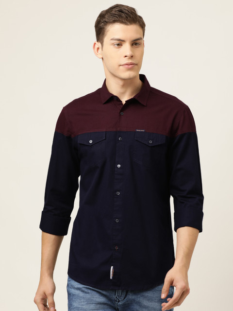 

Being Human Men Maroon & Navy Blue Regular Fit Colourblocked Casual Shirt