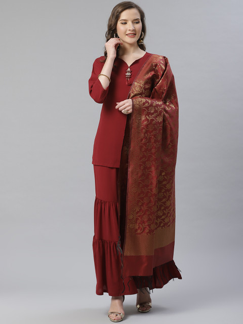 

Jompers Women Maroon & Golden Solid Kurti with Sharara & Woven Design Dupatta