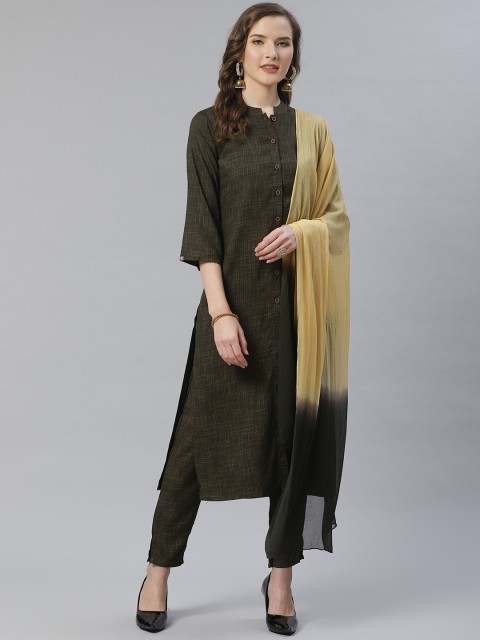 

Jompers Women Charcoal Grey & Beige Self Checked Kurta with Trousers & Dupatta