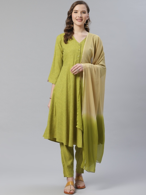 

Jompers Women Green & Beige Self Design Kurta with Trousers & Dupatta