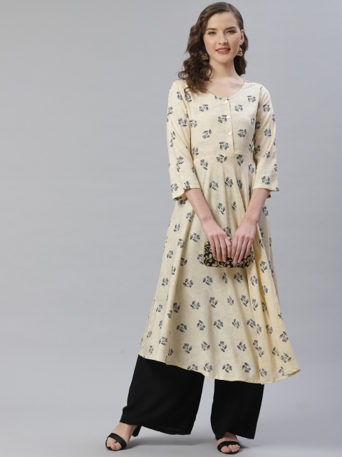 

Jompers Women Off-White & Black Floral Printed A-Line Kurta