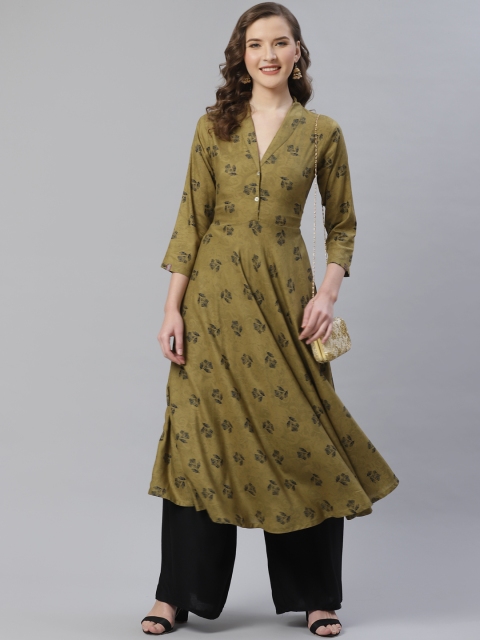 

Jompers Women Olive Green & Black Floral Printed A-Line Kurta
