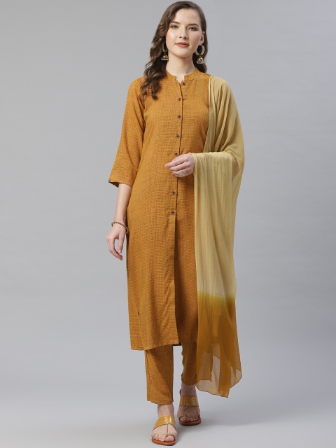 

Jompers Women Mustard Yellow & Beige Self Checked Kurta with Trousers & Dupatta
