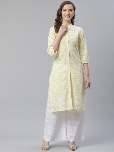 

Jompers Women Yellow & White Chikankari Embroidered Kurta with Palazzos