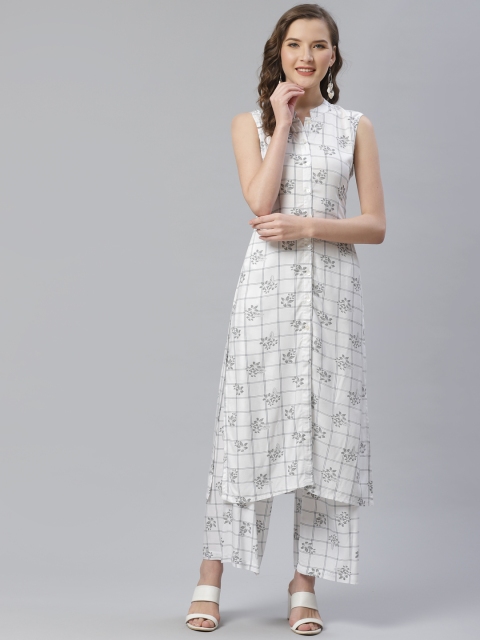 

Jompers Women White & Grey Floral Printed Kurta with Palazzos