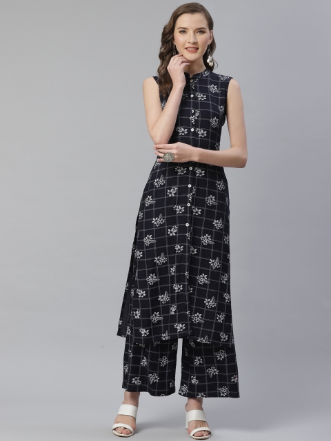 

Jompers Women Navy Blue & White Floral Printed Kurta with Palazzos