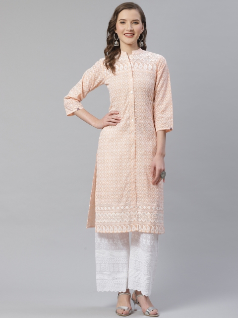 

Jompers Women Peach-Coloured & White Chikankari Embroidered Kurta with Palazzos