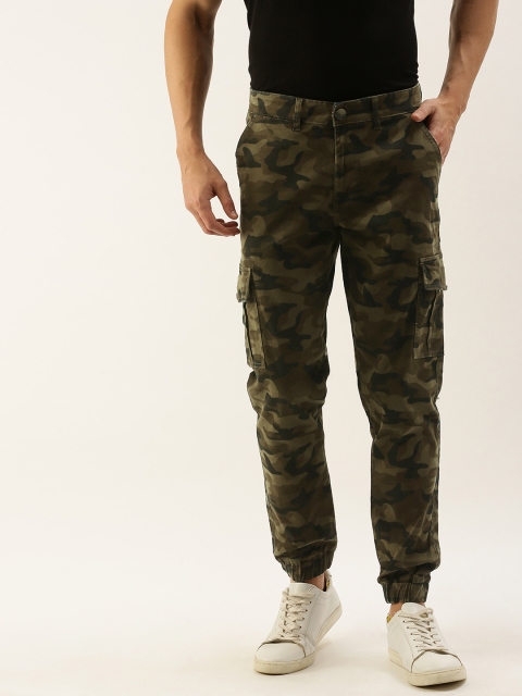 

SINGLE Men Olive Green & Black Slim Fit Printed Cargo Joggers