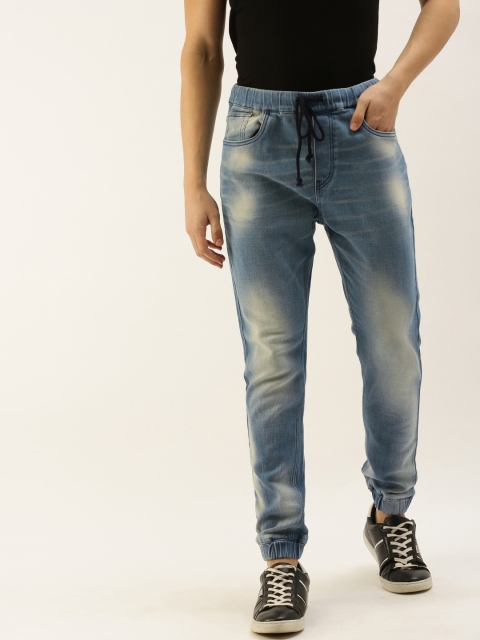 

SINGLE Men Blue Dobby Slim Fit Mid-Rise Clean Look Stretchable Jogger Jeans