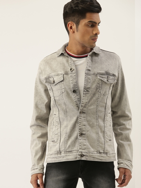 

SINGLE Men Grey Solid Slim Fit Denim Jacket