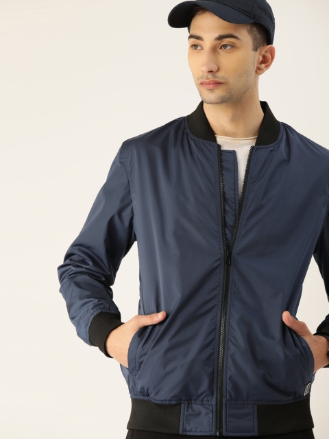

SINGLE Men Navy Blue Slim Fit Solid Bomber Jacket