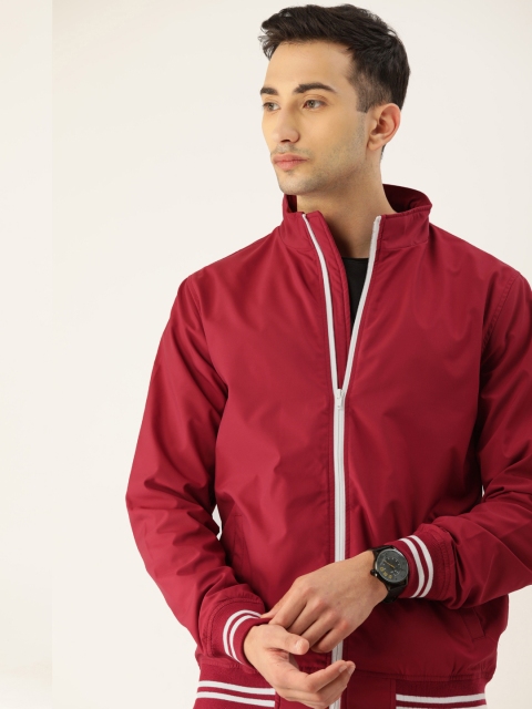 

SINGLE Men Maroon Slim Fit Solid Varsity Jacket