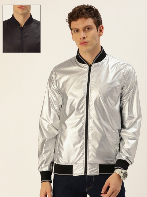 

SINGLE Men Silver-Toned & Black Solid Reversible Bomber