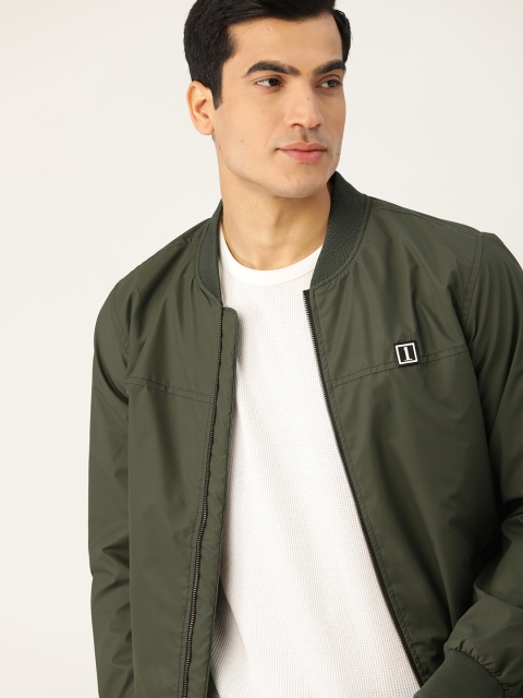 

SINGLE Men Olive Green Solid Bomber Jacket