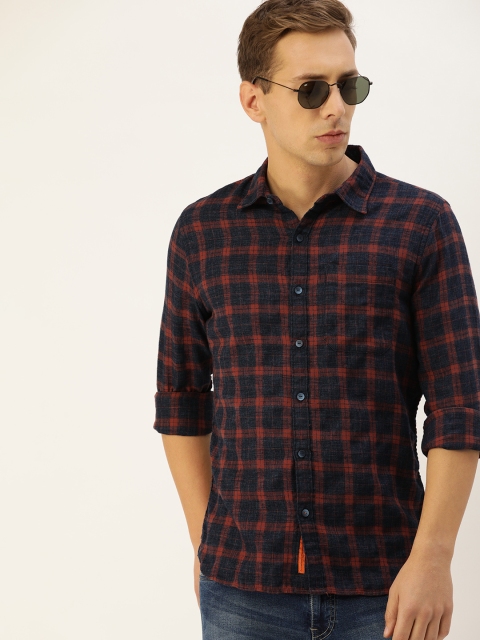 

SINGLE Men Navy Blue & Rust Brown Slim Fit Checked Casual Shirt