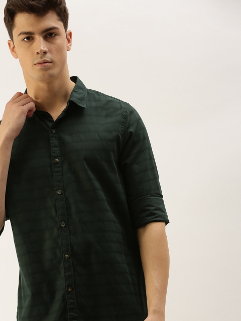 

SINGLE Men Olive Green Slim Fit Striped Casual Shirt