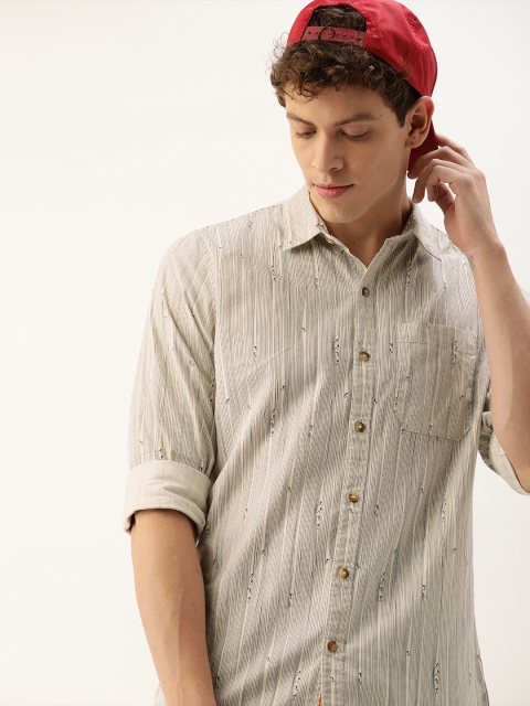 

SINGLE Men Beige Regular Fit Striped Casual Shirt