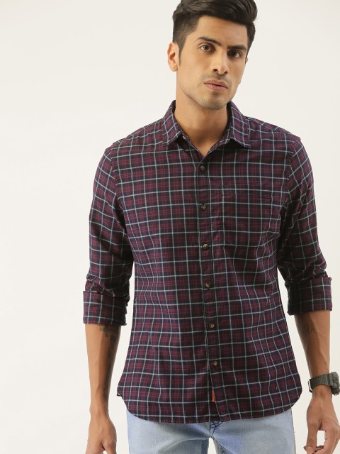 

SINGLE Men Navy Blue & Pink Slim Fit Checked Casual Shirt