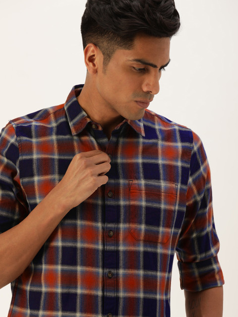 

SINGLE Men Navy Blue & Rust Red Slim Fit Checked Casual Shirt