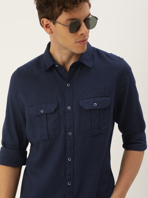 

SINGLE Men Navy Blue Slim Fit Self Design Casual Shirt