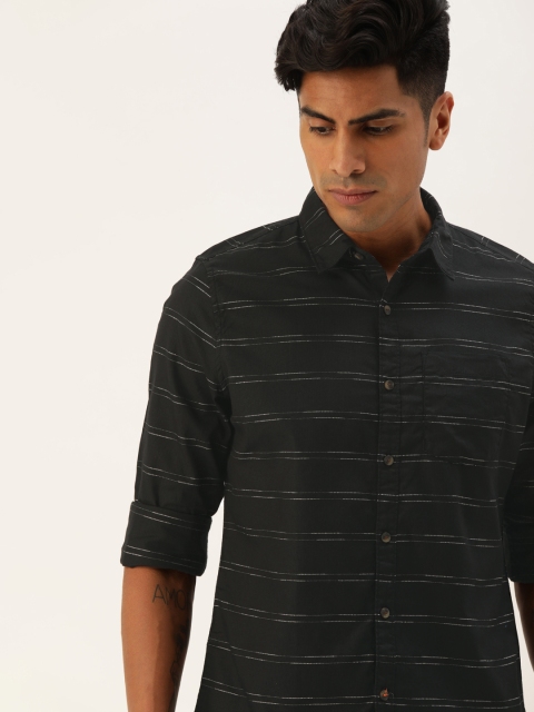 

SINGLE Men Black & White Slim Fit Striped Casual Shirt