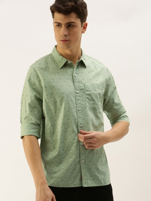 

SINGLE Men Sea Green & White Regular Fit Printed Casual Shirt