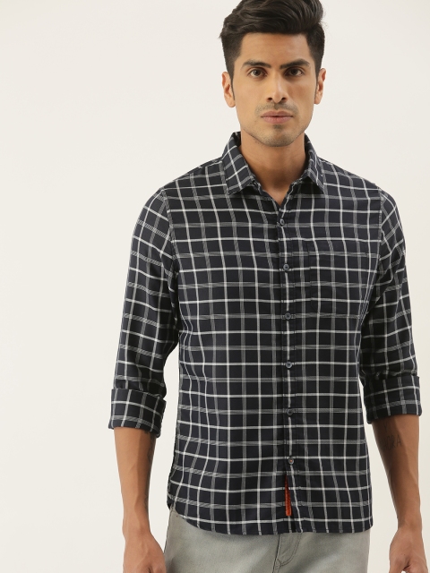 

SINGLE Men Navy Blue & White Slim Fit Checked Casual Shirt