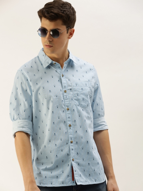 

SINGLE Men Blue & White Slim Fit Printed Casual Shirt