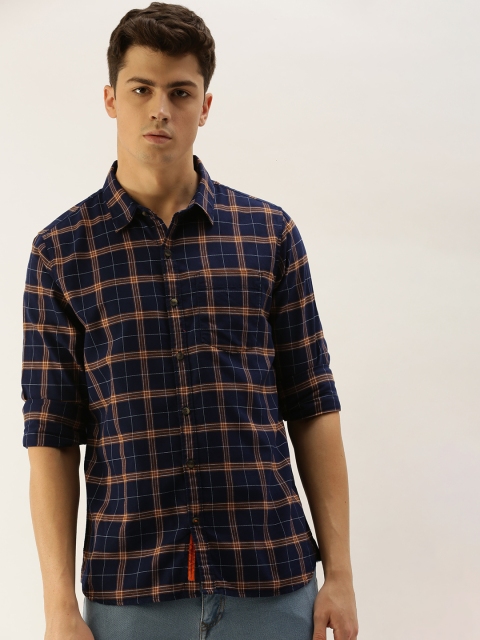 

SINGLE Men Navy Blue & Orange Slim Fit Checked Casual Shirt