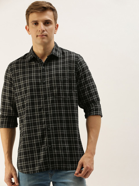 

SINGLE Men Black & White Slim Fit Checked Casual Shirt