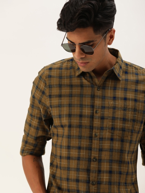 

SINGLE Men Brown & Navy Blue Slim Fit Checked Casual Shirt