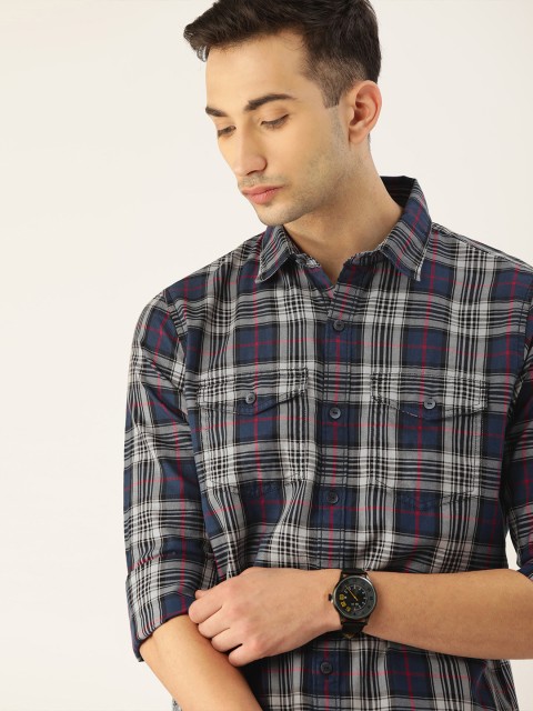 

SINGLE Men Blue & White Slim Fit Checked Casual Shirt