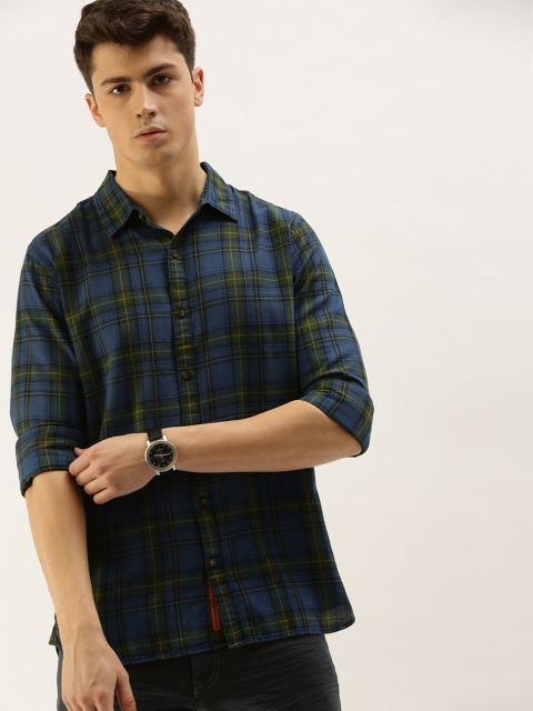 

SINGLE Men Blue & Green Slim Fit Checked Casual Shirt