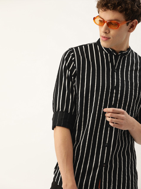 

SINGLE Men Black & White Regular Fit Striped Casual Shirt