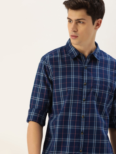 

SINGLE Men Navy Blue & White Slim Fit Checked Casual Shirt