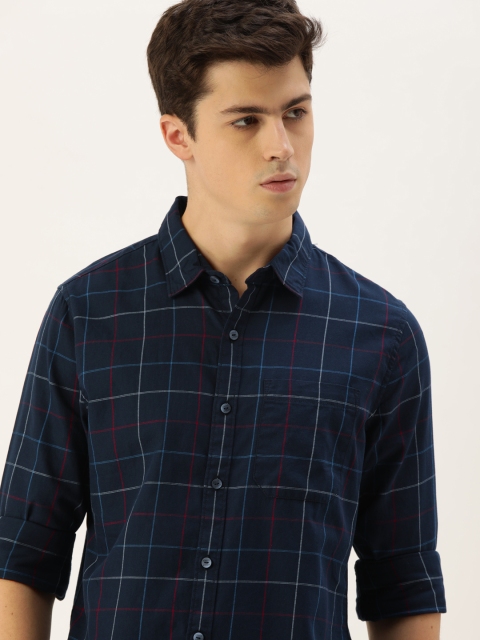 

SINGLE Men Navy Blue & White Slim Fit Checked Casual Shirt