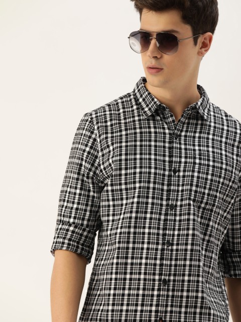 

SINGLE Men Black & White Slim Fit Checked Casual Shirt