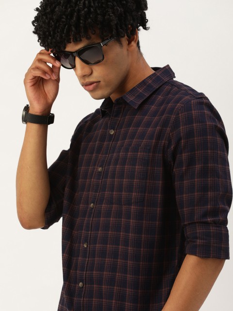 

SINGLE Men Navy Blue & Pink Slim Fit Checked Casual Shirt