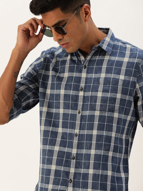 

SINGLE Men Blue & Beige Slim Fit Checked Casual Shirt