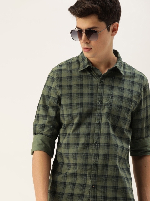 

SINGLE Men Olive Green Slim Fit Checked Casual Shirt
