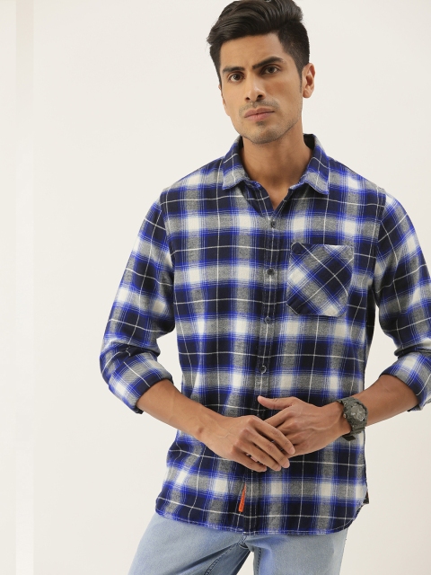 

SINGLE Men Grey & Navy Blue Slim Fit Checked Casual Shirt