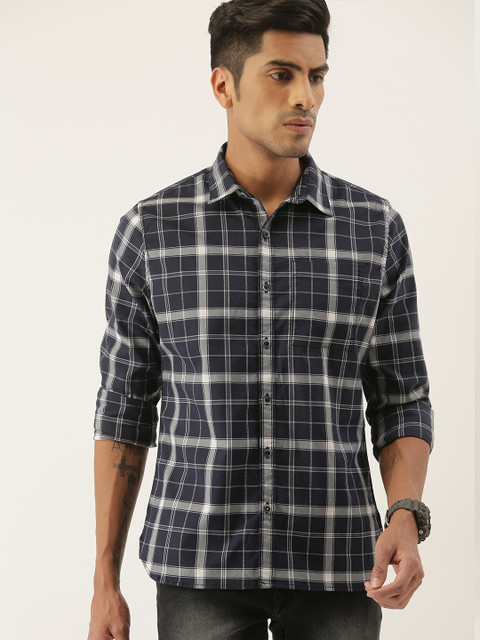 

SINGLE Men Navy Blue & White Slim Fit Checked Casual Shirt