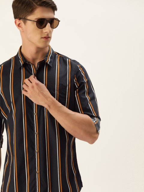 

SINGLE Men Navy Blue & Rust Orange Slim Fit Striped Casual Shirt