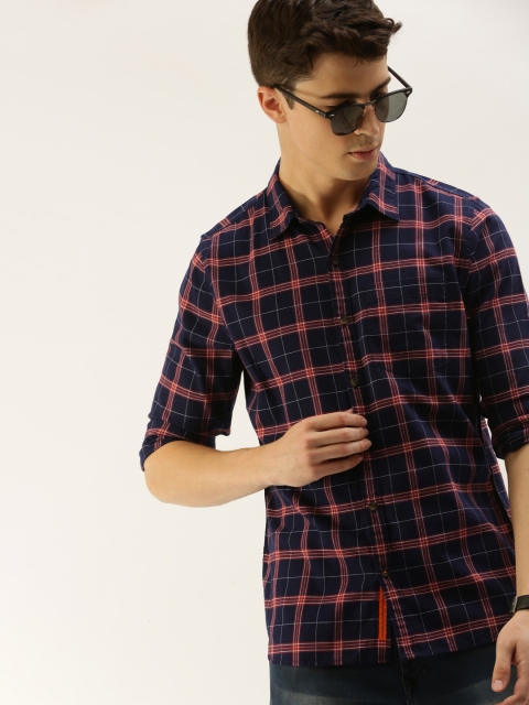 

SINGLE Men Navy Blue & Red Slim Fit Checked Casual Shirt