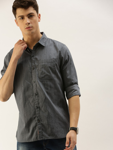 

SINGLE Men Grey & Black Slim Fit Striped Casual Shirt