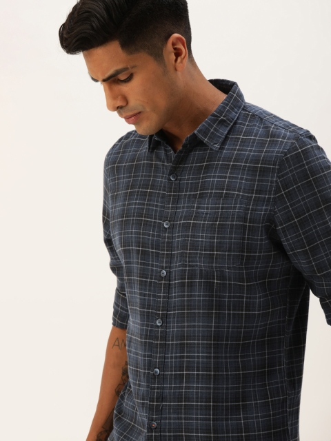 

SINGLE Men Navy Blue Slim Fit Checked Casual Shirt