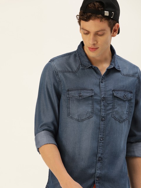 

SINGLE Men Navy Blue Slim Fit Solid Chambray Casual Shirt