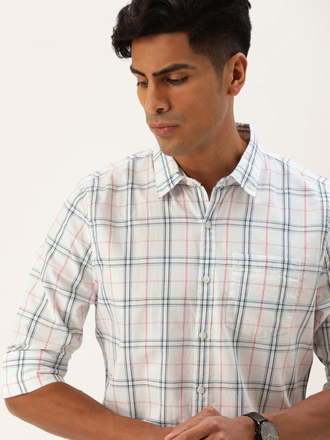 

SINGLE Men White & Blue Slim Fit Checked Casual Shirt