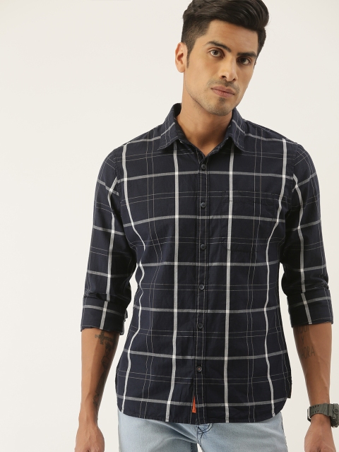 

SINGLE Men Navy Blue & White Slim Fit Checked Casual Shirt