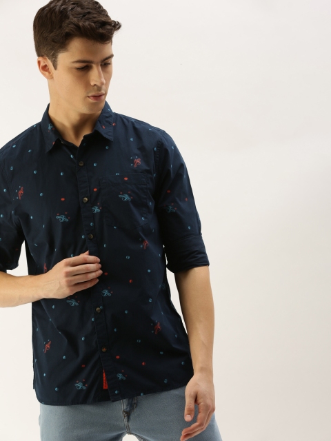 

SINGLE Men Navy Blue & Red Slim Fit Printed Casual Shirt
